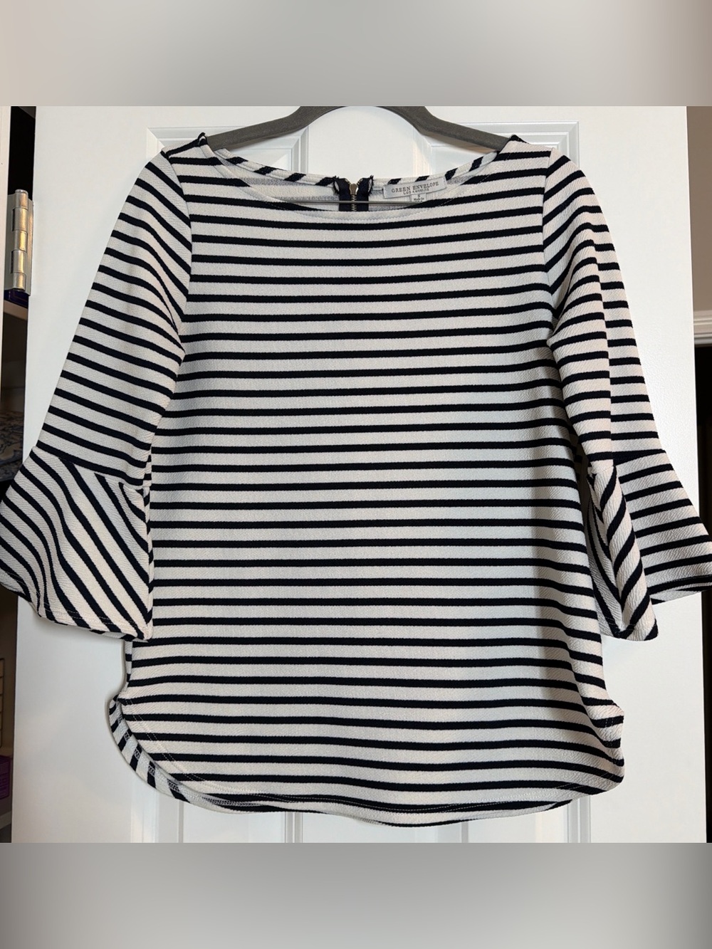 Green Envelope Black & White Striped Boatneck 3/4 sleeve Blouse